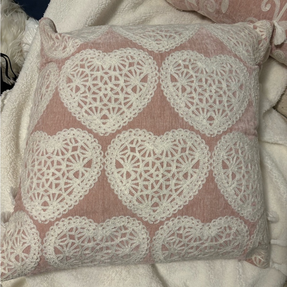 Marlo Lorenz pink feather pillow lace heart appliqué/tassels. Zipper closure